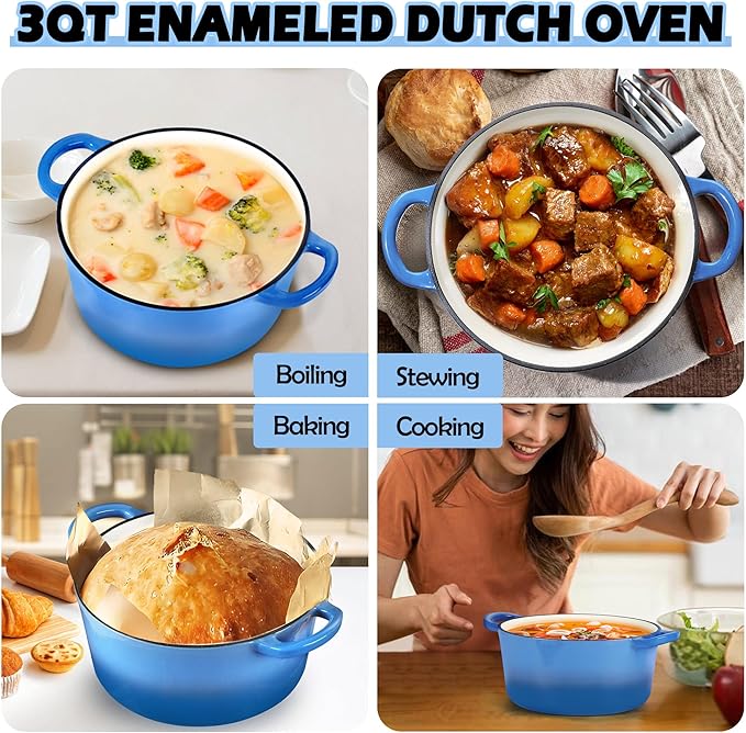 TeamFar 3qt Dutch Oven, Small Enameled Cast Iron Dutch Oven Pot with Lid, For Bread Baking/Stewing/Braising/Frying, Various Stoves & Oven Safe, Non-stick & Easy Clean, Blue