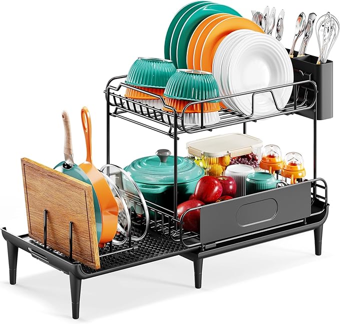 Dish Drying Rack for Kitchen Counter, Expandable 2 Tier Dish Rack, Large Capacity Dish Drainer with Drainboard Multifunctional Dish Strainer with Removable Cutlery Holder Black