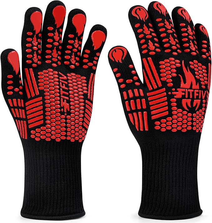 BBQ Gloves, Oven Gloves, 1472°F Extreme Heat Resistant Barbecue Gloves, Silicone Non-Slip Oven Mitts, Kitchen for Cooking, Grilling, and Baking (Red)