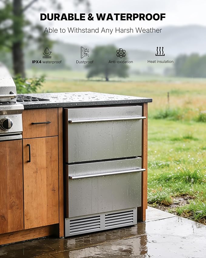 Upstreman 24 Inch Under Counter Double Drawer Refrigerator, Waterproof Stainless Steel Outdoor Refrigerator, Grid Organizers, LED Light, Built-in or Freestanding Beverage Fridge for Home/Patio -BR50D