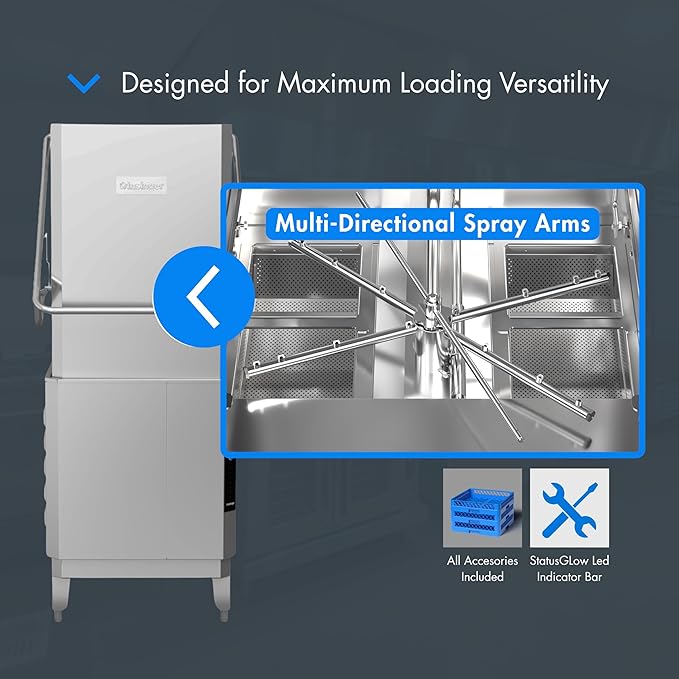 CX20H-208/3 Premier Series Dishwasher with Extra High Hood, Quad-Arm Wash System, Booster, Straight-Thru Design, 60 Racks/Hr, 1.5 HP Motor, Stainless Steel, 208V 3PH