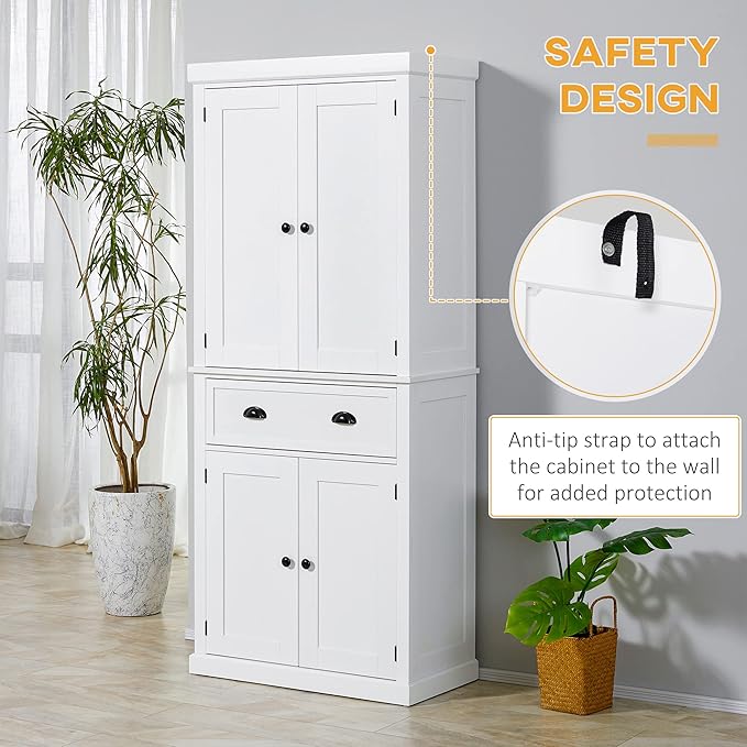 HOMCOM 72.5" Kitchen Pantry Cabinet, Traditional Freestanding Storage Cabinet with 4 Doors, Drawer and 3 Adjustable Shelves for Dining Room, White