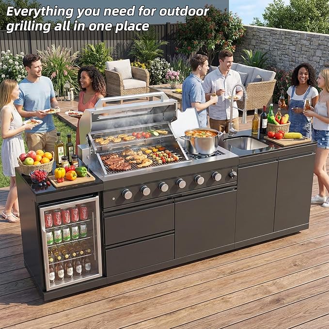 104 Inch Outdoor Kitchen Island, 7200 BTU Gas Grill Combination With Refrigerator and Sink, Outdoor Stainless Steel Barbecue Bar, Natural Gas Barbecue Grill for Patios, Gardens, Parties