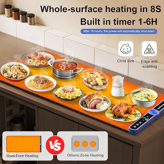 Warming Mat for Food Extra Large (XXL:40”X15”) Food Warming Mat for Countertop Parties Buffet Family 550W 8S Fast Even Heating 9-Level Temp Food Warmer Portable Silicone Kitchen Essential