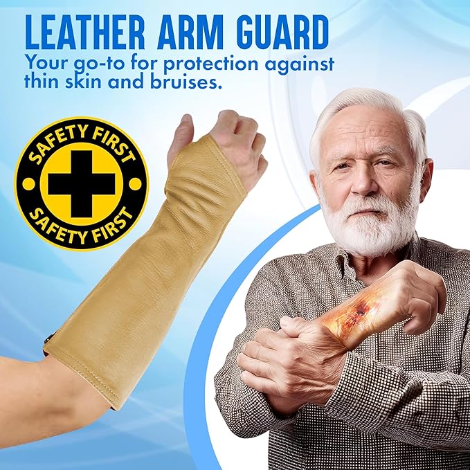 Arm Chaps Leather Protective Sleeves Arm Guard - Prevent Cuts, Scratches & Bruises - Genuine Cowhide - Ideal for Gardening & Construction - Left & Right Form-Fitting. Tan (1 Pair/Small).