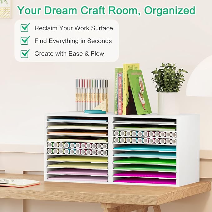 EasyPAG Scrapbook Paper Storage Organizer for Craft Room, 12x12 Paper Storage Desk Shelf, 10 Slot Adjustable File Sorter for Office School Classroom, White