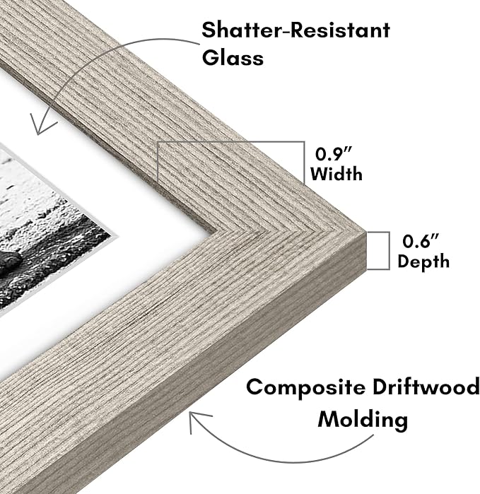 Americanflat 11x11 Picture Frame with Shatter-Resistant Glass - Use as 8x8 Frame with Mat or Display 11x11 Photo Without Mat - Signature Collection - Square Frames for Wall Display - Driftwood