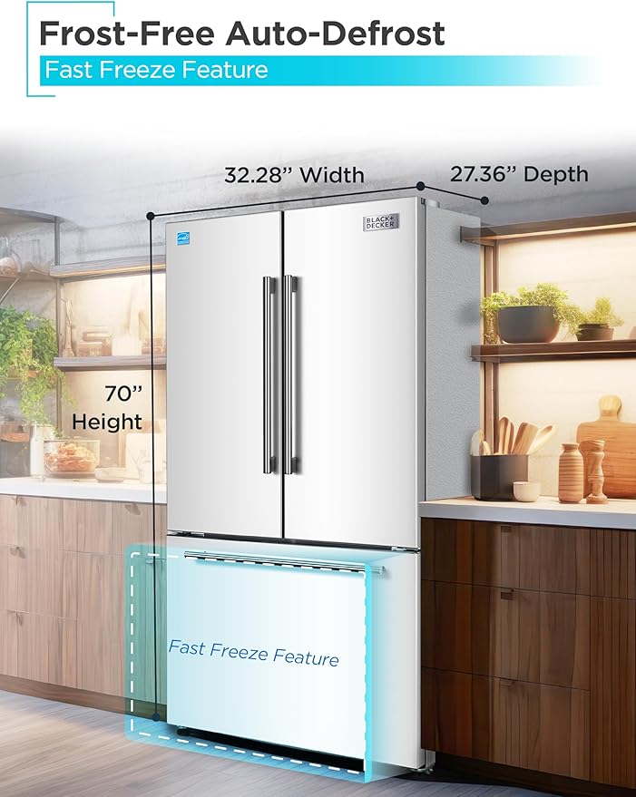 BLACK+DECKER 18 Cu. Ft. French Door Refrigerator with Built-in Ice Maker, Full Size Refrigerator with Bottom Mount Freezer Drawer, Frost Free, ENERGY STAR certified, BRF1800GIMW, White