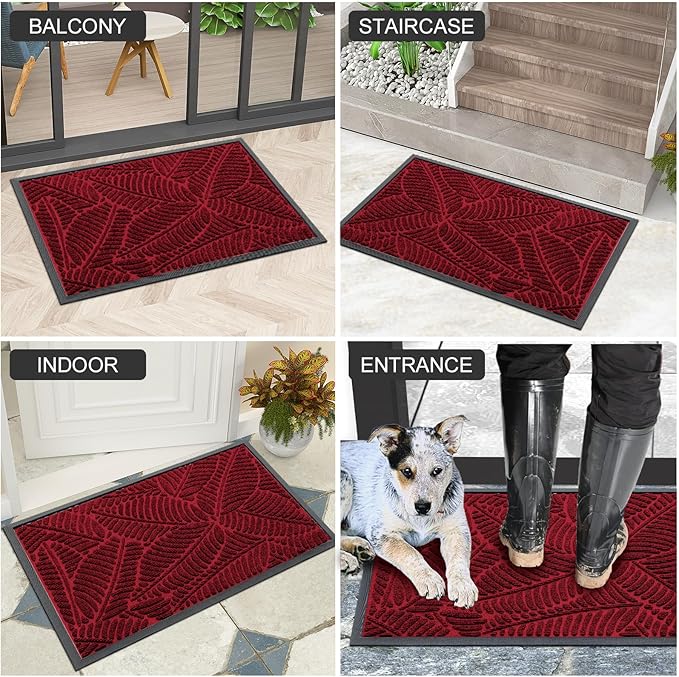 Colorxy Waterproof Doormat, Sturdy Natural Rubber Front Indoor Mat, Non Slip Low Profile Indoor Outdoor Door Mats, Stain and Fade Resistant Floor Mats, Easy Clean Patio Entry Mat, 36''x24'', Burgundy