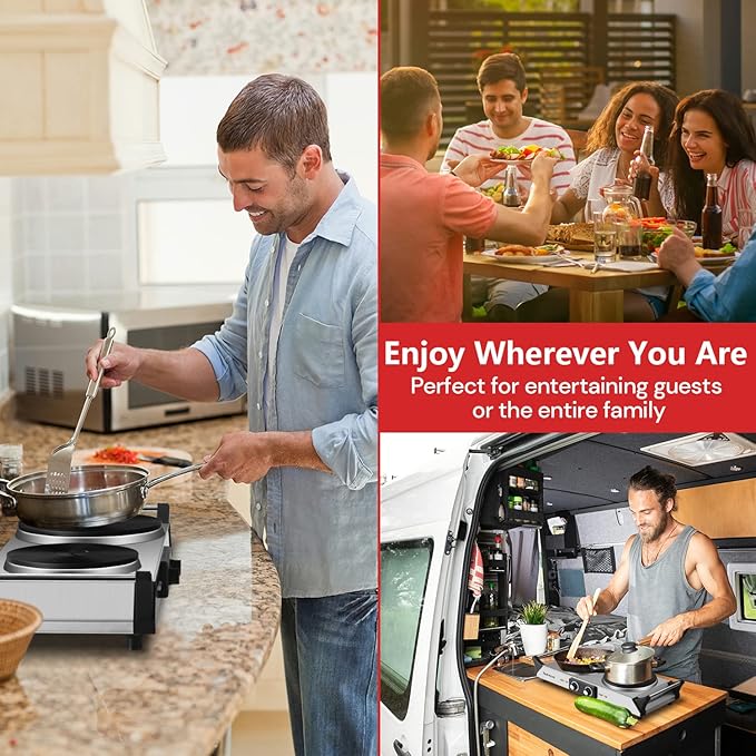 Hot Plate, Techwood Double Burner for Cooking, 1800W Countertop Electric Stoves with Adjustable Temperature & Stay Cool Handles, Dual Cooktop for RV/Home/Camp, Upgraded Version Stainless Steel, Silver