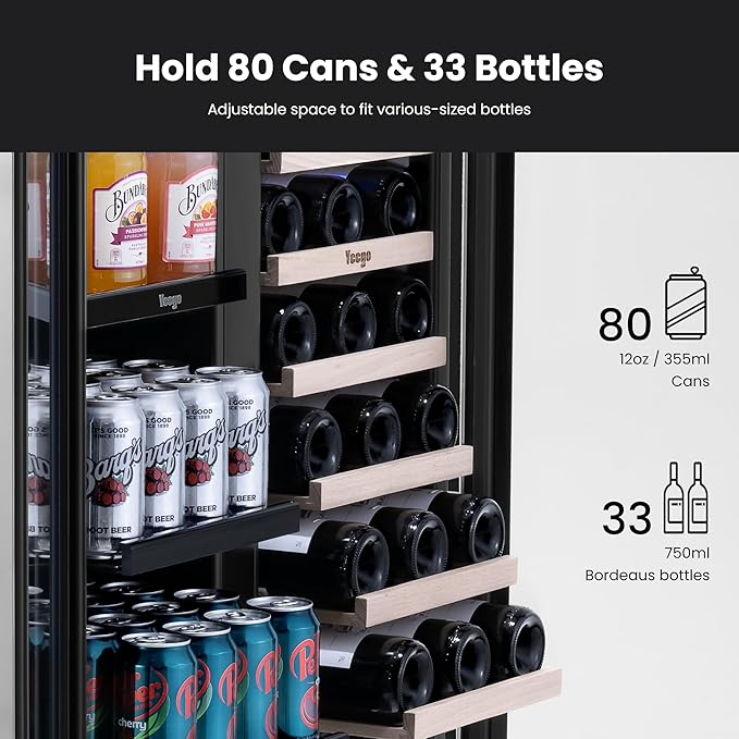 Yeego 30 Inch Wine and Beverage Cooler - 36-72°F, Holds 80 Cans & 33 Bottles Adjustable Shelves Beverage Fridge, Stainless Steel with glass Door for Built-in for Kitchen/Bar