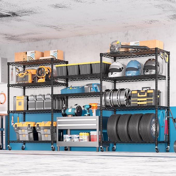 PrimeZone 74''H Wire Shelving 1250lbs 5 Tier Storage Shelves with Wheels NSF Certified Heavy Duty Steel Metal Shelf Adjustable Rolling Rack Kitchen Garage Closet Pantry Laundry 74''HX36''WX14''D 2PCS