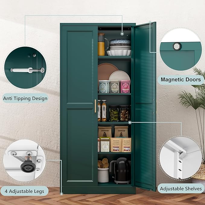 71” Metal Tall Kitchen Pantry Cabinet,Storage Cabinet with Doors and Adjustable Shelves,Modern Kitchen Hutch Cabinet,Freestanding Cupboard for Dining Living Room