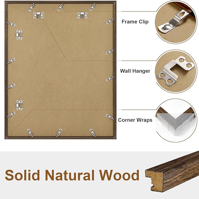 Vittanly 16x20 Picture Frame, Solid Wood Frame with Plexiglass, Includes 11x14 Mat, Wall Hanging or Tabletop for Photos, Home Decor, Brown, 1 Pack