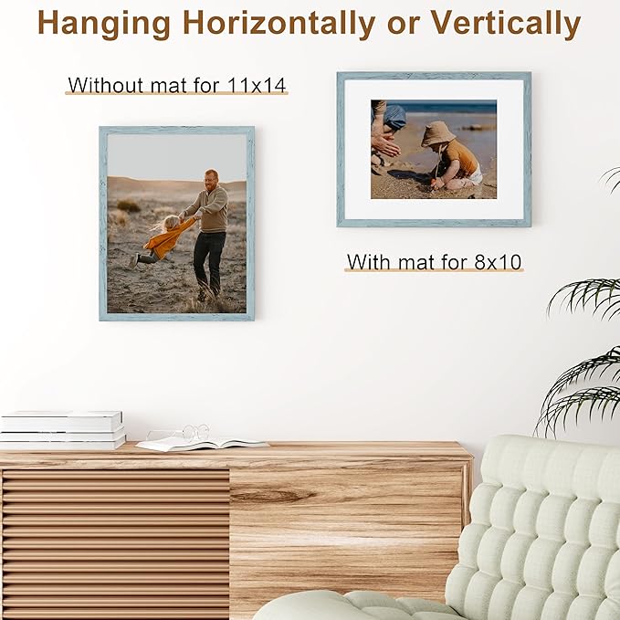 Vittanly 11x14 Picture Frame, Solid Wood Frame with Plexiglass, Includes 8x10 Mat, Wall Hanging for Photos, Home Decor, Rustic Blue, 1 Pack