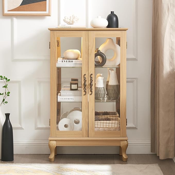 43" H Lighted Curio Cabinet Display Case, Glass Curio Cabinet with Adjustable Shelves & Tempered Glass Door, Wooden Cabinets with Mirrored Back Pane for Living Room (Light Oak)