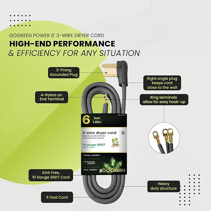 GoGreen Power GG-27106 6’ 3-Wire Dryer Cord, 30 Amps, 6 Ft