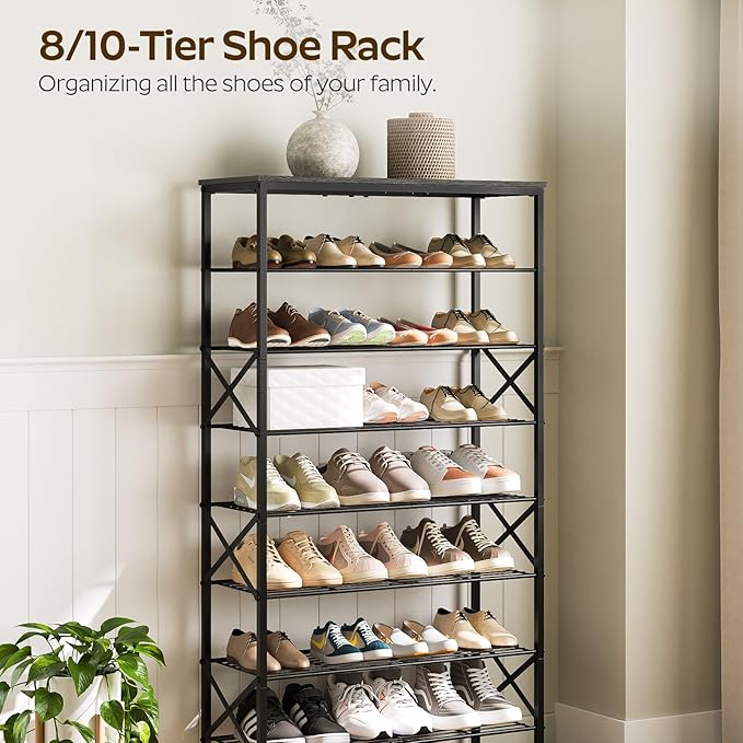 8 Tier Shoe Rack, Large Capacity Shoe Storage Organizer Holds 32 Pairs, Sturdy and Stable, for Entryway, Hallway, Closet, Dorm Room, Charcoal and Black SS08BC