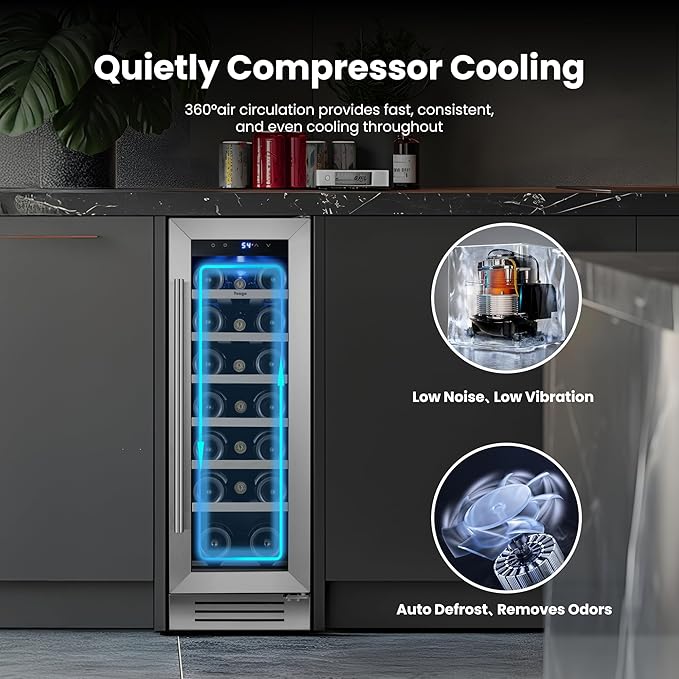 Yeego Wine Fridge Cooler - 12 Inch Wine Fridge Hold 23 Bottles, 40-65°F Wine Refrigerator Glass Door, Built in Fridge, Freestanding or Adjustable Shelves Fridge for Home Bar Office