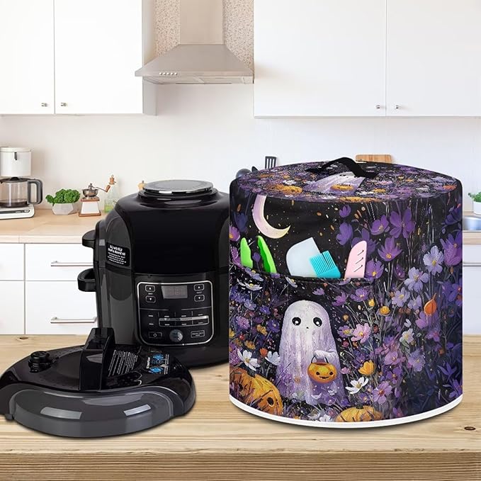 Purple Floral Halloween Ghost Dust Cover for Kitchen Accessories 8 Quart Pressure Cooker Air Fryer Rice Cooker Dust Cover with Top Handle and Storage Pocket