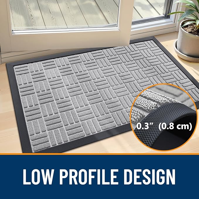 OLANLY Front Door Mat Outside Entrance 29.5x17, Absorbent, Heavy Duty Sturdy Natural Rubber Doormat Indoor Outdoor, Non-Slip, Stain and Fade Resistant, Low Profile Floor Mat for Entryway, Light Gray