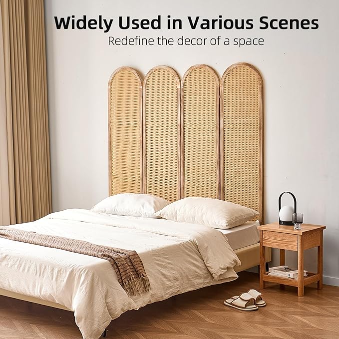 Room Divider and Folding Privacy Screen 5.6 Ft Rattan Room Divider with Double Hinges, Foldable Wood Partition Screen, Freestanding Wall Divider for Room Separation Home - 4 Panel Natural
