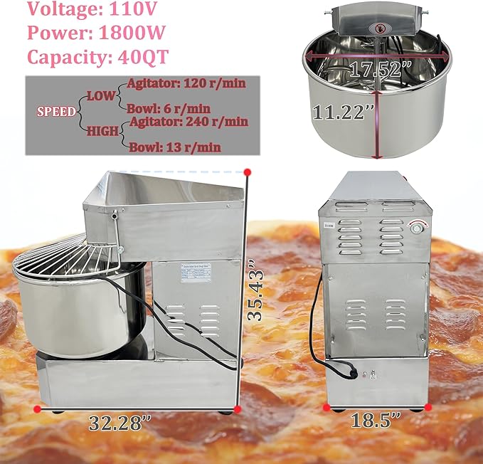 INTSUPERMAI Commercial Dough Mixer, 40QT Stand Flour Mixing Machine, Double Action Double Speed, with Dough Cutter, 110V/1800W Electric Food Stand Spiral Mixer