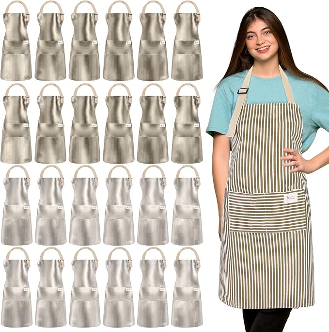 Janmercy 24 Pcs Aprons for Women Men with 2 Pockets Linen Cooking Kitchen Apron Adjustable Bib Chef Apron Bulk Aprons Unisex