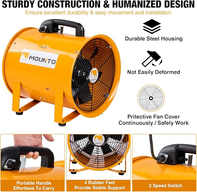 MOUNTO 12-Inch Heavy Duty Cylinder Axial Fan with 25-Foot Vinyl Hose | High-Performance Portable Blower/Exhaust Fan | 2900 CFM Directional Airflow for Crawl Spaces, Attics, Basements