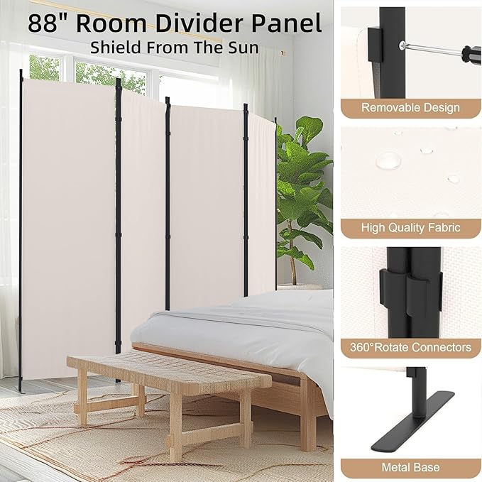 Room Divider 4 Panel Partition Room Dividers & Folding Privacy Screens w/ 3 Metal Feet,88" W Portable Wall Doubles as a Dressing Screen Wall Divider for Office Bedroom Children's Room,White