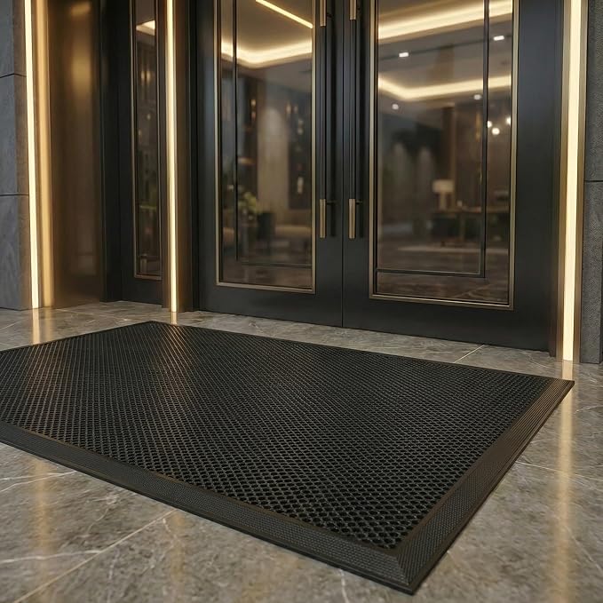3'x 5' Elestic Net Entry Mat Outside Entrance. High Traffic Guard Dirt Trapper Doormat with Rubber Backing, Upgraded Commercial Front Door Mat for Entryway(Jet Black)