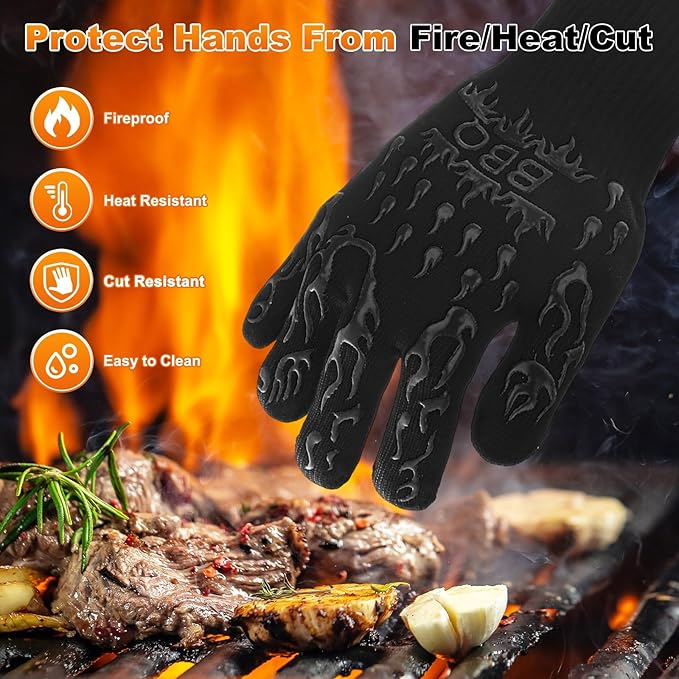 1-Pair BBQ Gloves, 1472°F Heat Resistant Non-Slip Grilling Oven Gloves for Barbecue/Baking/Cooking [L Size, Black]