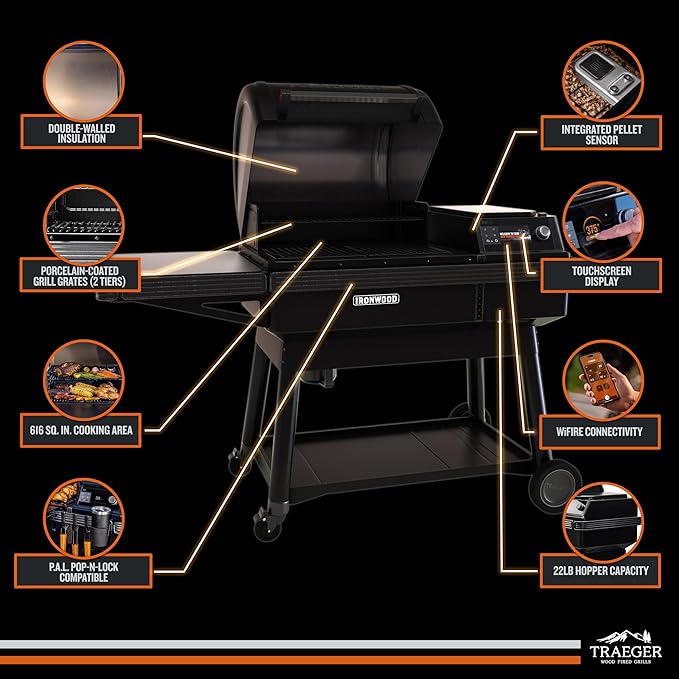 Traeger Ironwood Pellet Smoker Grill, Electric Wood Pellet Grill with WiFIRE App Control, 165F - 500F Degree Temperature Control Super Smoke Mode, 6-in-1 BBQ Smoker Grilling Combo, TFB61RLG