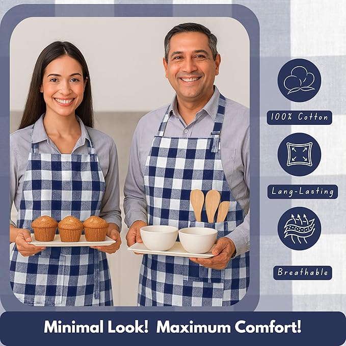 Native Fab Kitchen Apron 2 Pack - 100% Cotton Adjustable, Durable Apron with Pockets, Perfect for Cooking, Baking, Grilling