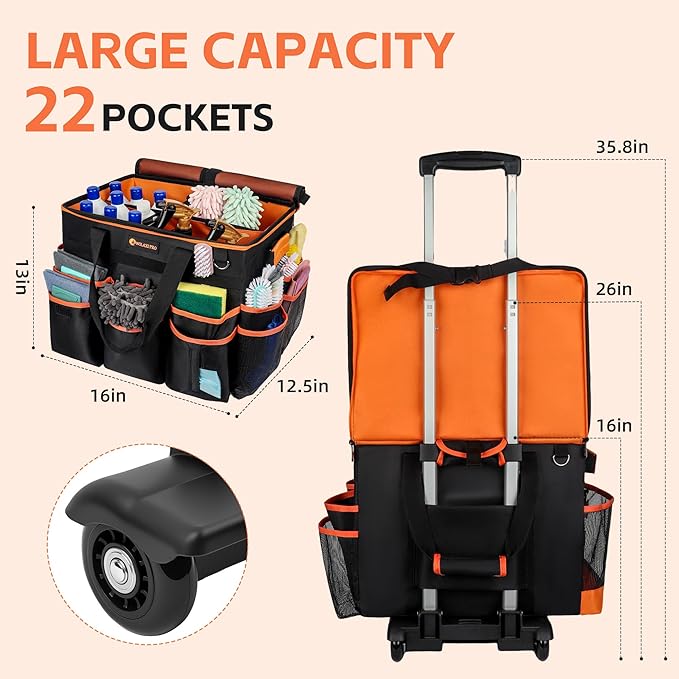 WILAXI PRO Large Rolling Cleaning Caddy with Wheels and Detachable Trolley, Extra Large Water-Resistant Cleaning Cart for Housekeepers, Cleaning Supplies Organizer with Multi-Pockets Tools Storage