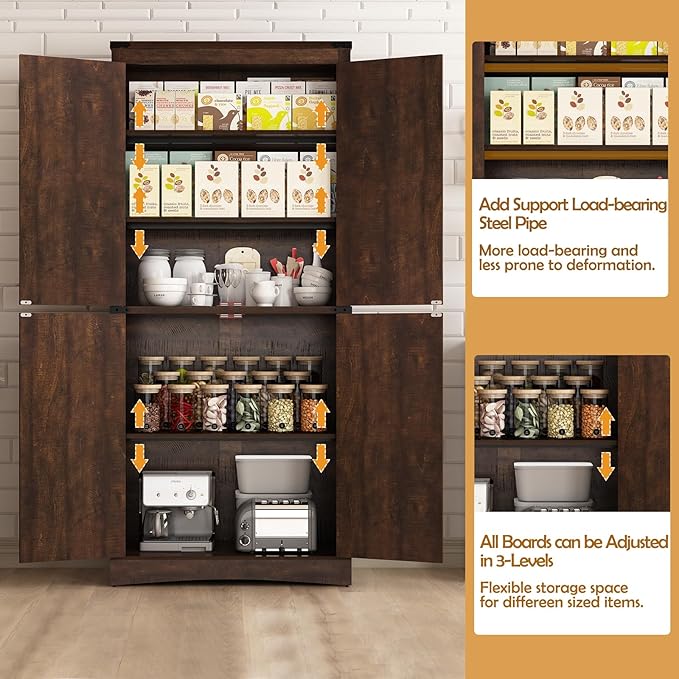 71" Tall Kitchen Pantry,Farmhouse Storage Cabinet with Adjustable Shelves,Load-Bearing Steel Pipe,Farmhouse Pantry Cabinet with 4 Barn Doors, for Kitchen,Dining Room,Living Room(Brown)