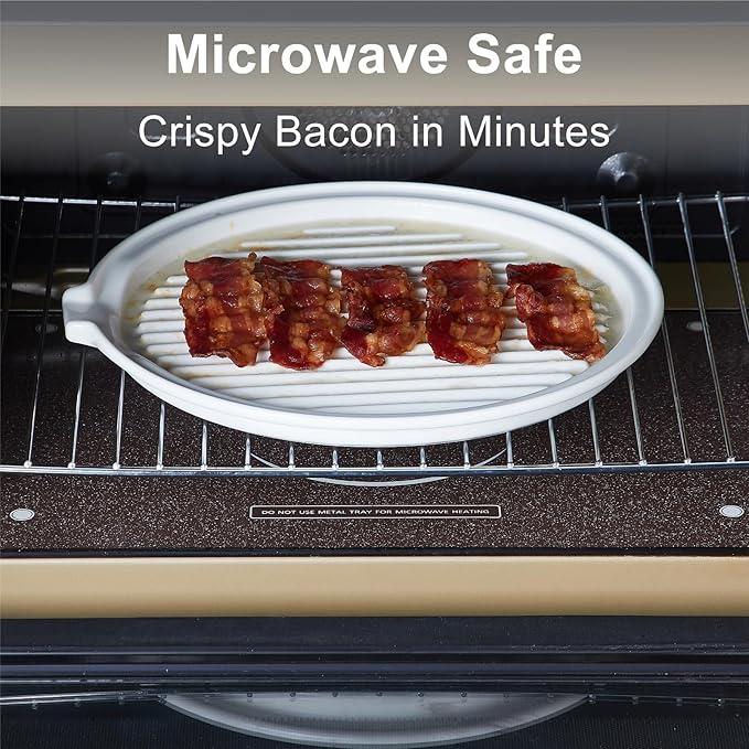 ONEMORE Microwave Bacon Tray Ceramic Bacon Cooker Meat Rack for Oven Cooking Crispy Bacon Maker - 11 inch Round Bacon Dish Plate, White
