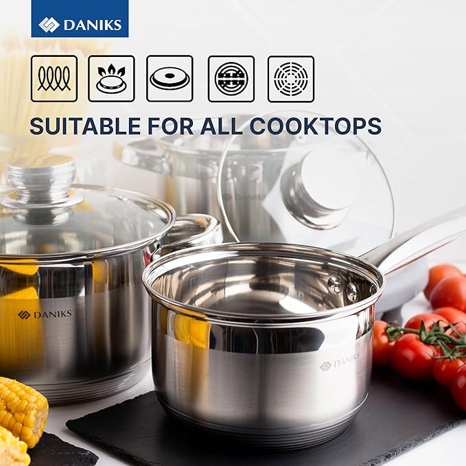 Daniks Standard 9-Piece Stainless Steel Cookware Set with Glass Lids, Includes Saucepan, Tri-Ply Bases for Even Heating, Induction Compatible, Dishwasher Safe, Built-In Measuring Scale, Silver