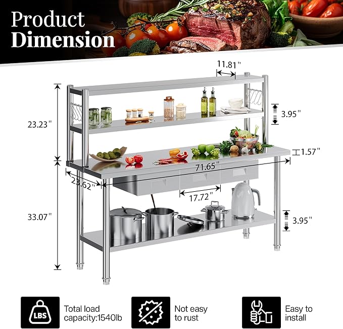 72"x24" Stainless Steel Work Table with Overshelves, 2/3 Drawers, Adjustable Shelf & Hooks, NSF-Certified Heavy-Duty Prep Station for Commercial Kitchen, Restaurant, or Garage