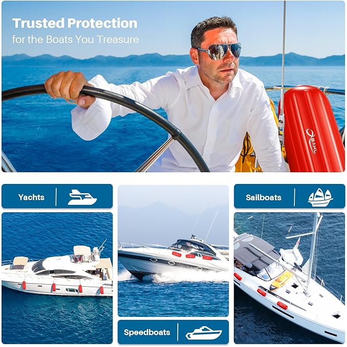 Boat Fenders 4 Pack 10 x 28 Inches Ribbed Center Hole Boat Fenders Bumpers for Docking, Comes with Ropes and Pump to Inflate