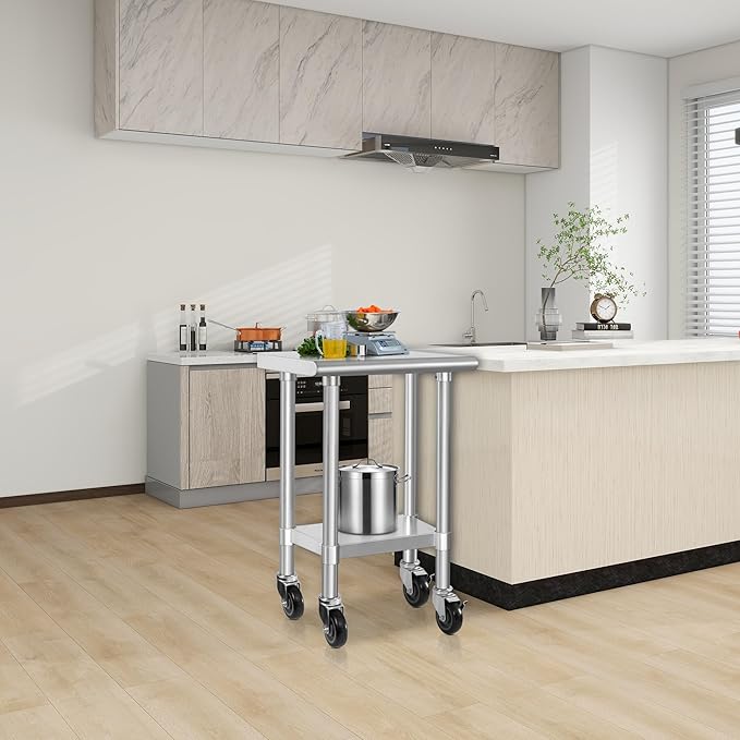 HARDURA Stainless Steel Commercial Table Prep & Work Table with Casters Heavy Duty Metal Table with Wheels NSF 430 14×24 Inches