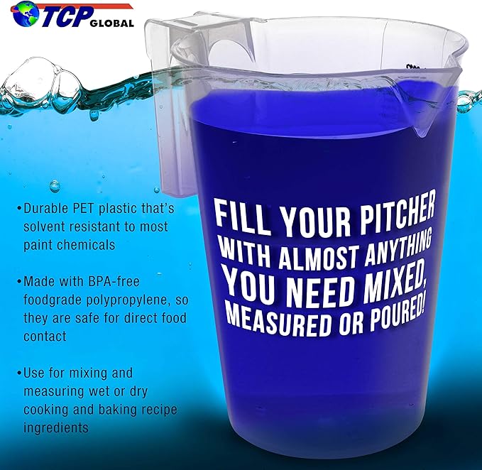 TCP Global 3 Liter (3000ml) Plastic Graduated Measuring and Mixing Pitcher (Pack of 4) - Holds 3 Quarts 0.75 Gallon - Pouring Cup, Measure & Mix Paint, Resin, Epoxy, Kitchen Cooking Baking Ingredients