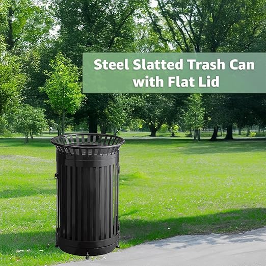 45 Gallon Commercial Black Waste Bin with Flat Lid & Door, Heavy-Duty Outdoor Trash Can Steel Slatted, Round Recycle Container, Durable Garbage Can for Parks, Municipalities, Schools, Parking