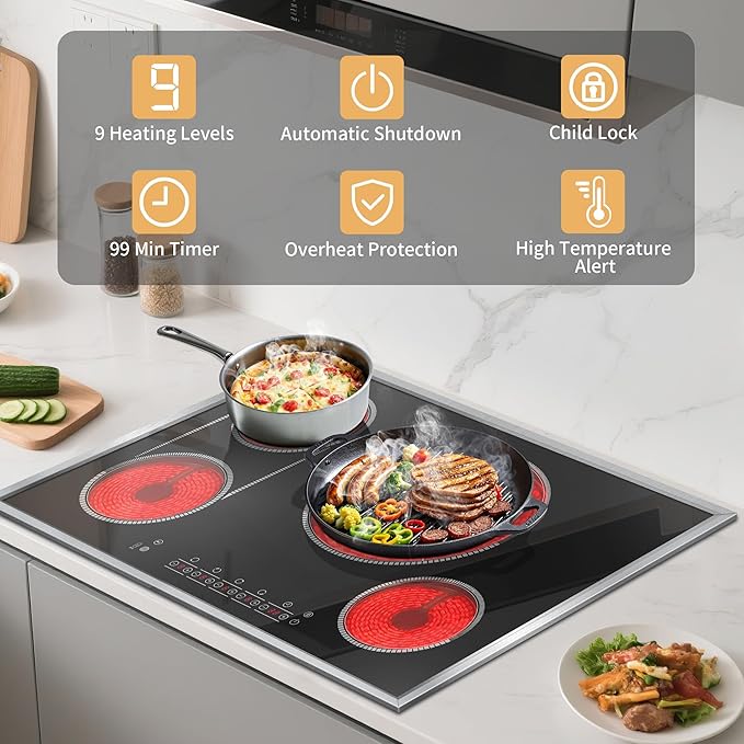 30 Inch Electric Cooktop, 4 Burner Electric Stove Top with Touch Control, 7800W Built-In Glass Stovetop with BBQ & Expandable Zone, 9-Level Adjustable, Child Lock, Timer, 220V-240V Hardwire