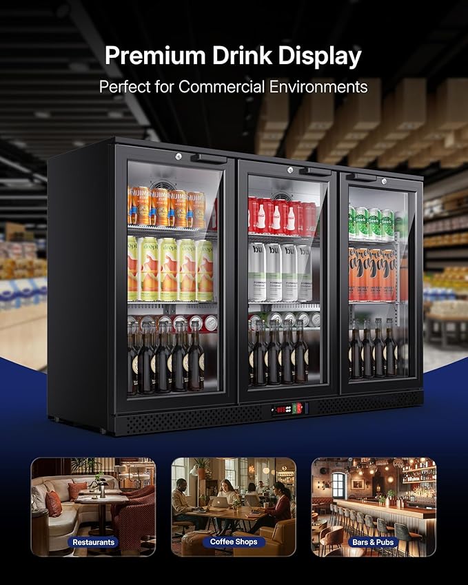 Upstreman 11.4 Cu.Ft Back Bar Cooler With 3 Glass Doors, Commercial Under Counter Beverage Refrigerator, Double-Pane Low-E Glass, Lockable Drink Fridge for Bars, Restaurants, Hotels & Cafes, BB114