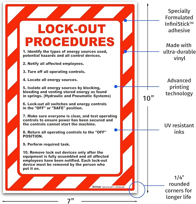 Brimar - 7" x 10" - Lock-Out Procedures Sign - 3.5 Mil InfiniStick™ Vinyl Label - Easy Installation - Workplace Safety Compliance