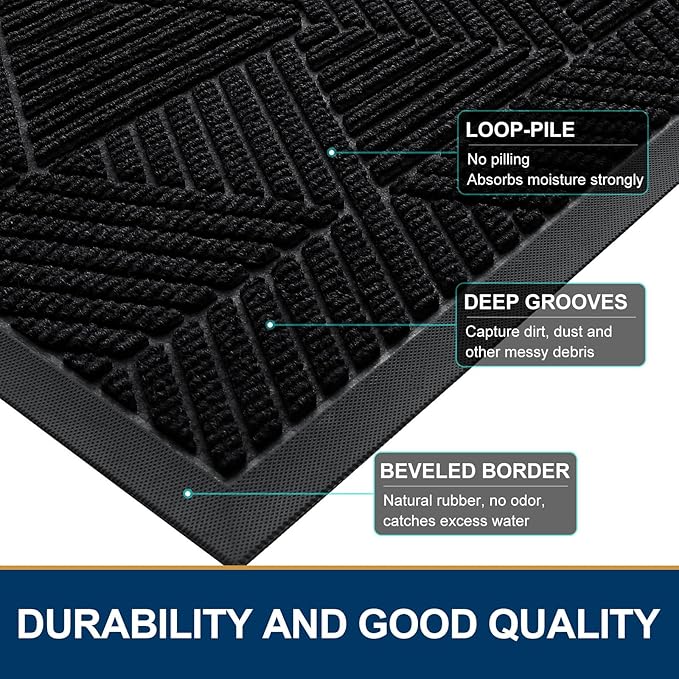 Smiry Front Door Mat Outside Entrance, Heavy Duty Sturdy Natural Rubber Doormat, Trap Dirt and Moisture, Easy Clean Low Profile Mats for Indoor Outdoor Entry, Irregular Triangle (29.5x17, Black)