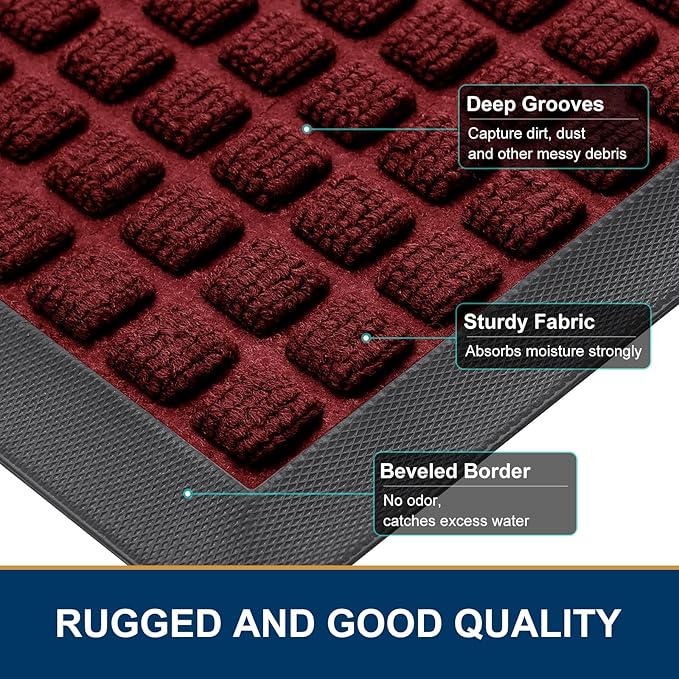 Smiry Front Door Mat Outside Entrance, Heavy Duty Natural Rubber Doormat, Non Slip, Trap Dirt and Moisture, Easy Clean, Low Profile Welcome Floor Mats for Indoor Outdoor Entry, 59x23 Inch, Red