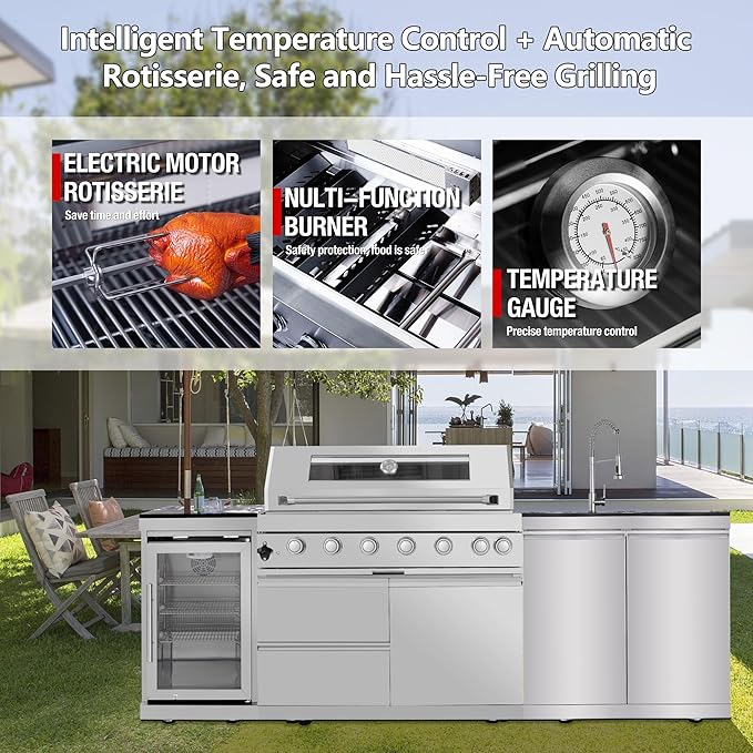 Outdoor Kitchen Island, 95.5 Inch 85000 BTU Gas Grill Combination With Refrigerator and Sink, Outdoor Stainless Steel Barbecue Bar, 6 Burner Propane Grill for Patios, Gardens, Parties