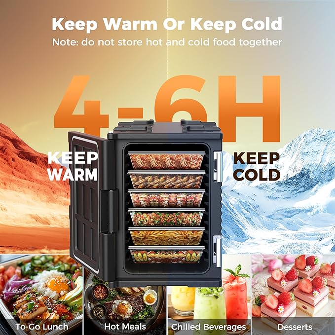 95Qt Non-Electrical Food Warmer with Wheels, 304 Stainless Steel Latch, Catering Food Warmers for Parties LLDPE Insulated Food Carrier for 6 Full-Size Pans(NOT Included), Hot Boxes for Catering